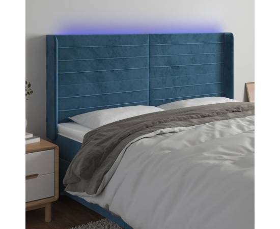 Tăblie de pat cu led, albastru închis, 163x16x118/128cm catifea