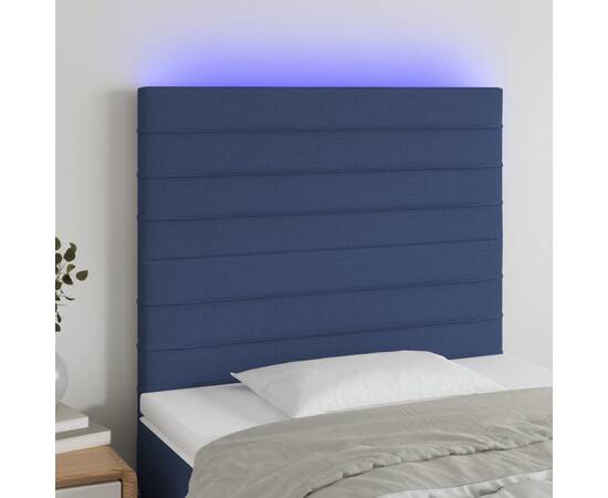 Tăblie de pat cu led, albastru, 100x5x118/128 cm, textil