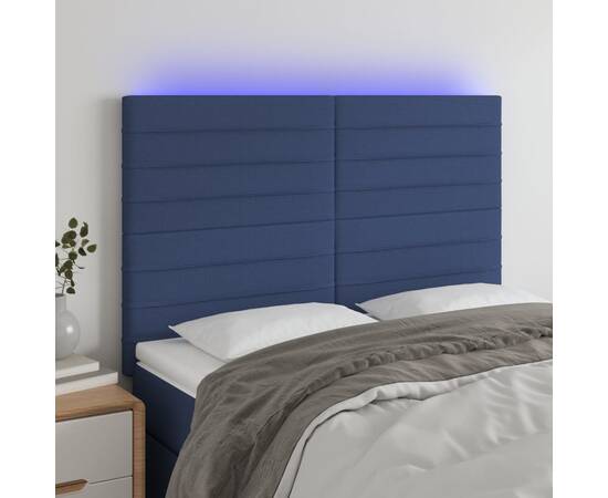 Tăblie de pat cu led, albastru, 144x5x118/128 cm, textil