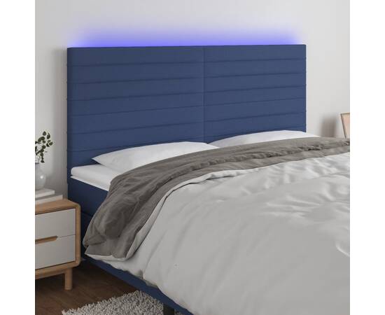 Tăblie de pat cu led, albastru, 160x5x118/128 cm, textil