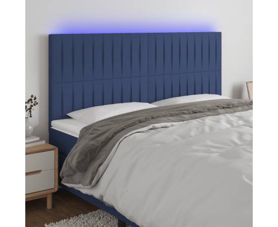 Tăblie de pat cu led, albastru, 180x5x118/128 cm, textil