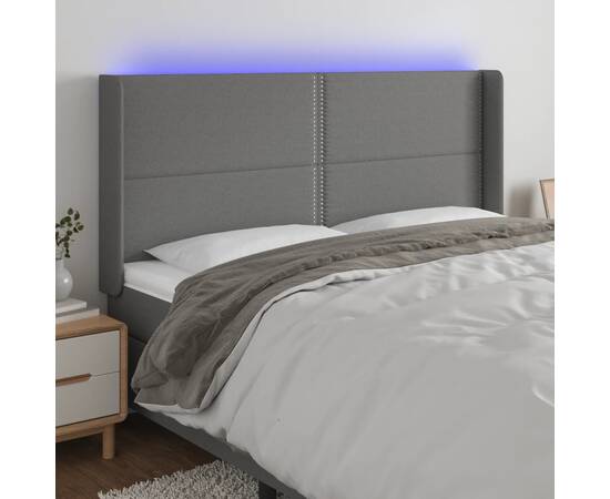 Tăblie de pat cu led, gri închis, 183x16x118/128 cm, textil