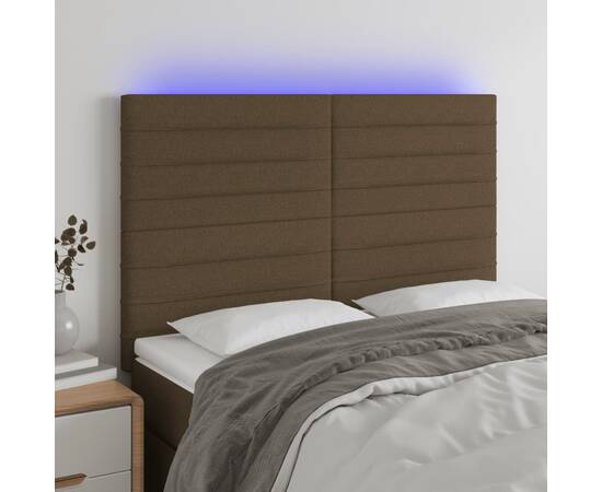 Tăblie de pat cu led, maro închis, 144x5x118/128 cm, textil