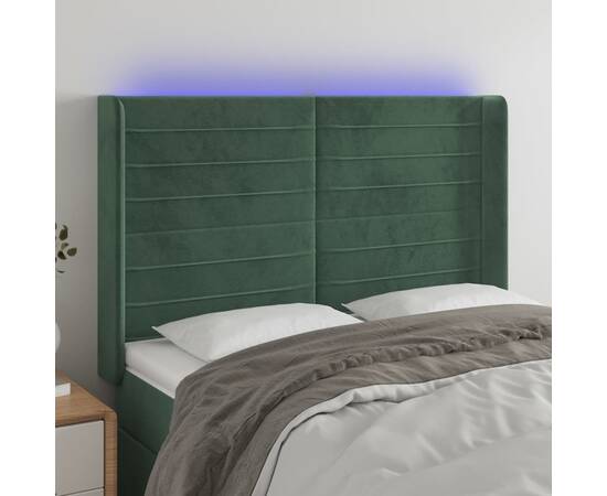 Tăblie de pat cu led, verde închis, 147x16x118/128 cm, catifea