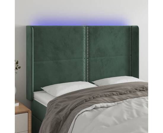 Tăblie de pat cu led, verde închis, 147x16x118/128 cm, catifea