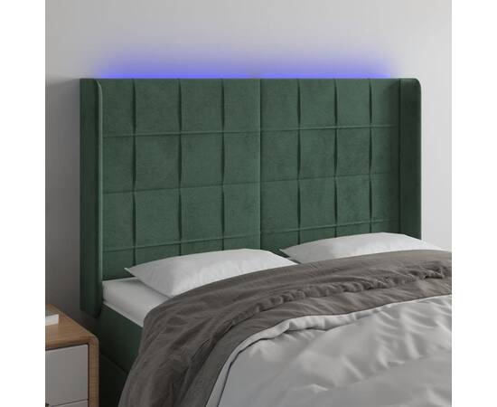 Tăblie de pat cu led, verde închis, 147x16x118/128 cm, catifea