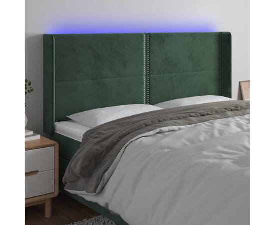 Tăblie de pat cu led, verde închis, 163x16x118/128 cm, catifea
