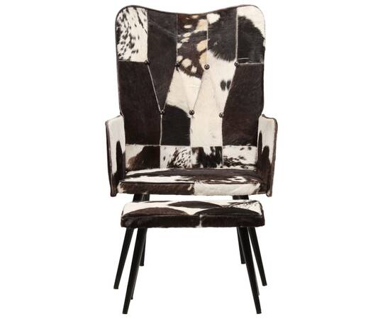 Scaun cu spătar înalt, cu taburet, negru, piele naturală, 2 image
