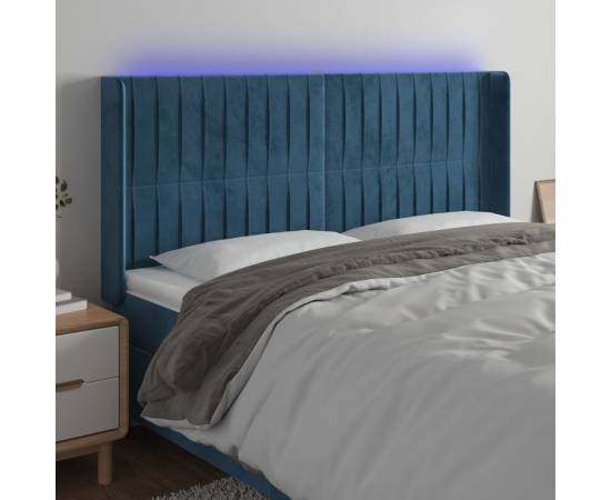 Tăblie de pat cu led, albastru închis, 203x16x118/128cm catifea