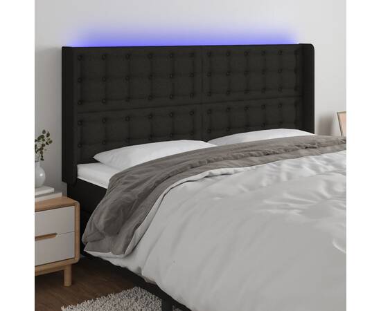 Tăblie de pat cu led, negru, 163x16x118/128 cm, textil