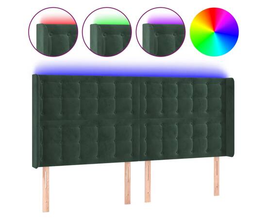 Tăblie de pat cu led, verde închis, 203x16x118/128 cm, catifea, 2 image