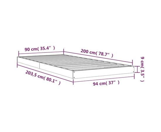 Cadru de pat, gri, 90x200 cm, lemn masiv de pin, 8 image