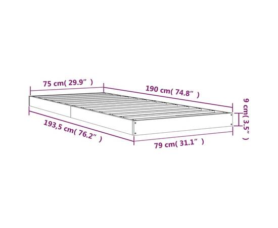 Cadru de pat mic single 2ft6, gri, 75x190 cm, lemn masiv de pin, 8 image