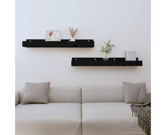 Rafturi de perete, 2 buc., negru, 80x12x9 cm, lemn masiv de pin
