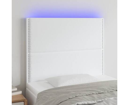 Tăblie de pat cu led, alb, 90x5x118/128 cm, piele ecologică