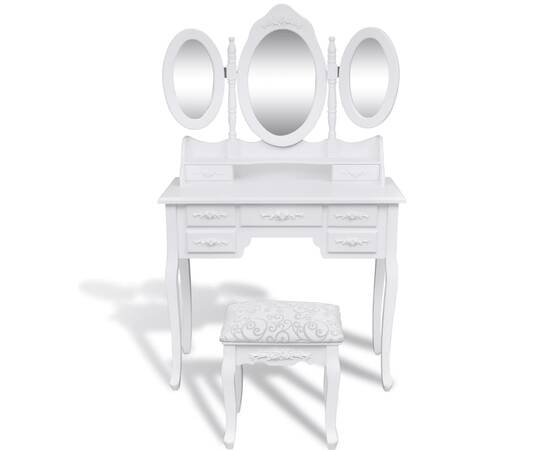 Masă de toaletă cu taburet și 3 oglinzi, alb, 2 image