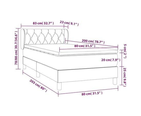 Pat box spring cu saltea, maro închis, 80x200 cm, textil, 7 image