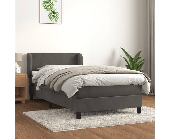 Pat box spring cu saltea, gri închis, 90x200 cm, catifea