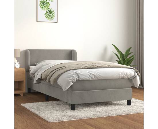 Pat box spring cu saltea, gri deschis, 90x200 cm, catifea