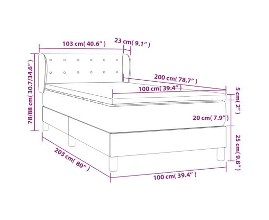 Pat box spring cu saltea, gri închis, 100x200 cm, catifea, 7 image