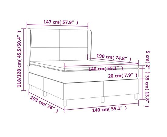 Pat box spring cu saltea, gri deschis, 140x190 cm, textil, 7 image