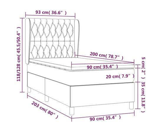 Pat box spring cu saltea, gri deschis, 90x200 cm, textil, 7 image