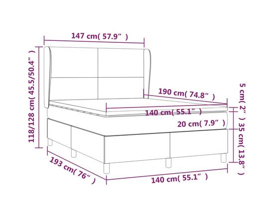 Pat box spring cu saltea, gri închis, 140x190 cm, textil, 7 image