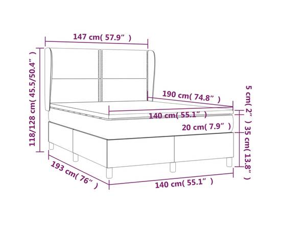 Pat box spring cu saltea, gri deschis, 140x190 cm, textil, 7 image