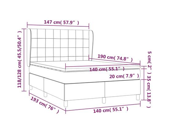 Pat box spring cu saltea, gri deschis, 140x190 cm, textil, 7 image