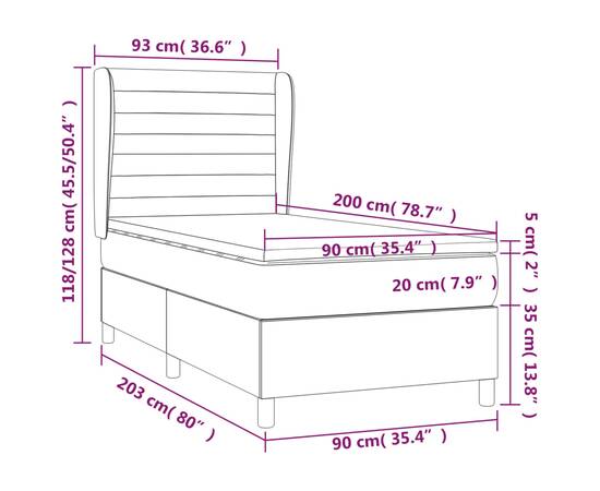 Pat box spring cu saltea, gri deschis, 90x200 cm, textil, 7 image