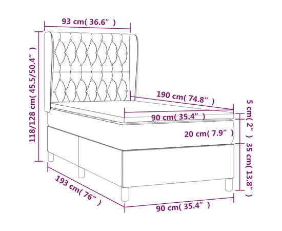 Pat box spring cu saltea, maro închis, 90x190 cm, textil, 7 image