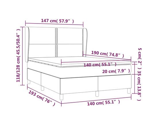 Pat box spring cu saltea, gri deschis, 140x190 cm, catifea, 7 image