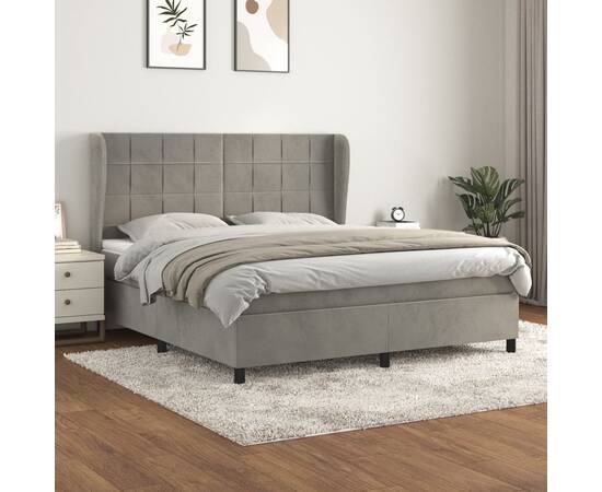 Pat box spring cu saltea, gri deschis, 180x200 cm, catifea