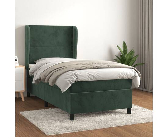 Pat box spring cu saltea, verde închis, 90x190 cm, catifea