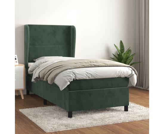 Pat box spring cu saltea, verde închis, 90x200 cm, catifea