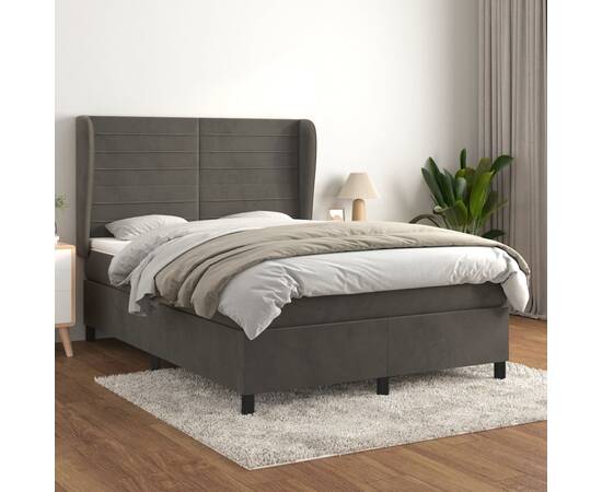 Pat box spring cu saltea, gri închis, 140x190 cm, catifea