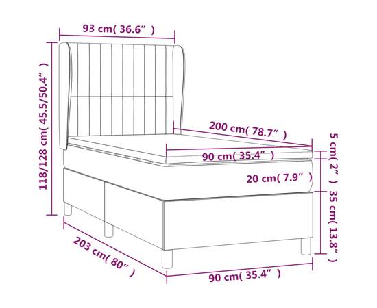 Pat box spring cu saltea, gri închis, 90x200 cm, catifea, 7 image