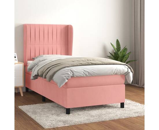 Pat box spring cu saltea, roz, 90x200 cm, catifea