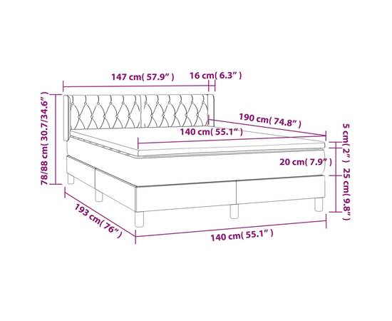 Pat box spring cu saltea, gri deschis, 140x190 cm, textil, 7 image