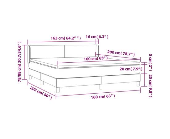 Pat box spring cu saltea, gri deschis, 160x200 cm, catifea, 7 image