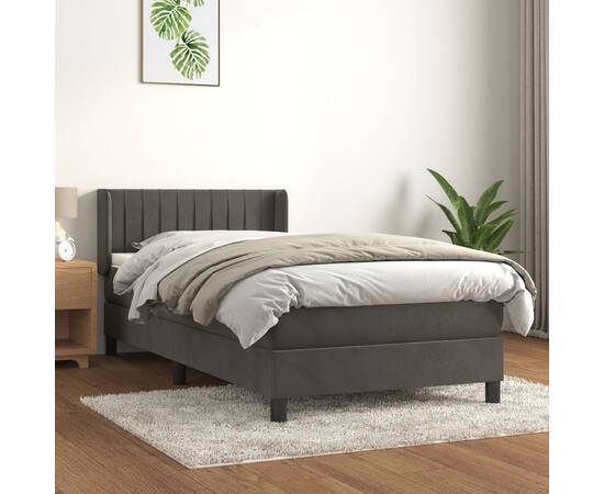 Pat box spring cu saltea, gri închis, 90x200 cm, catifea