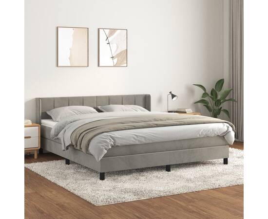 Pat box spring cu saltea, gri deschis, 160x200 cm, catifea