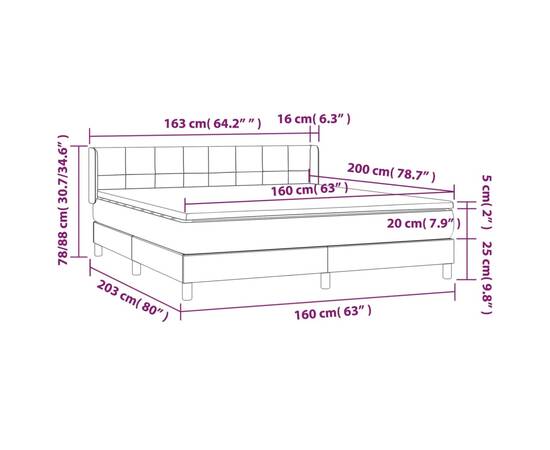 Pat box spring cu saltea, gri deschis, 160x200 cm, catifea, 7 image