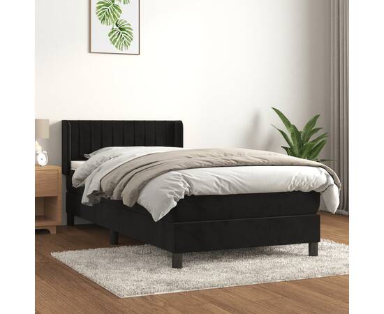 Pat box spring cu saltea, negru, 90x200 cm, catifea