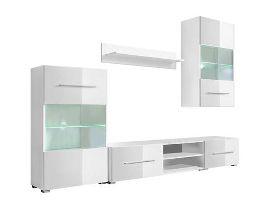 Set mobilier comodă tv de perete, 5 piese, iluminare led, alb, 2 image