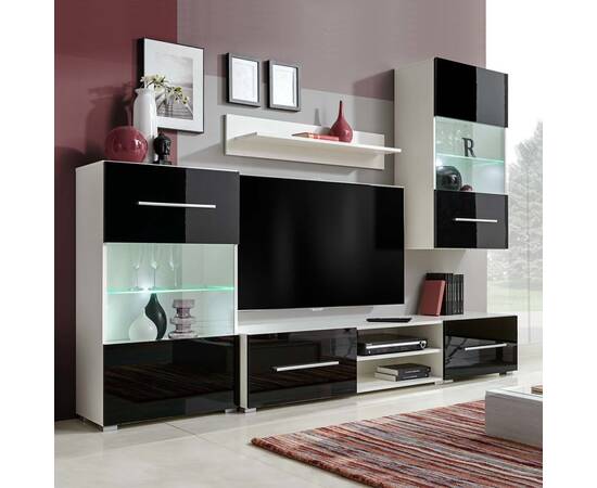 Set mobilier comodă tv de perete, 5 piese, iluminare led, negru