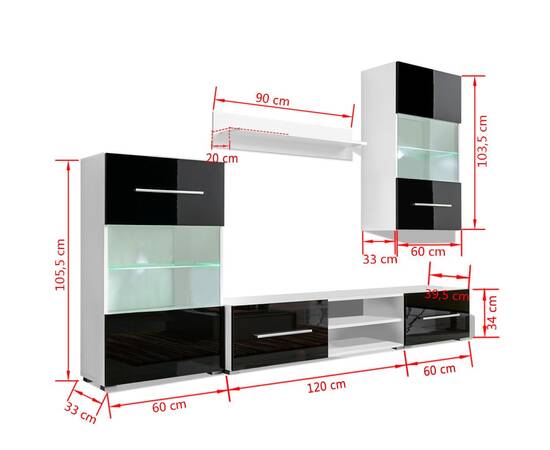 Set mobilier comodă tv de perete, 5 piese, iluminare led, negru, 9 image