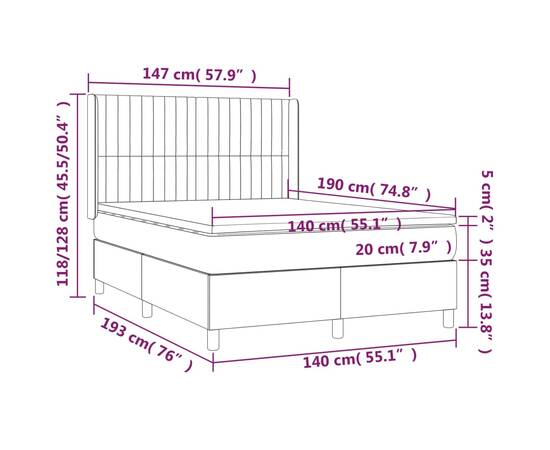 Pat box spring cu saltea, gri închis, 140x190 cm, textil, 7 image