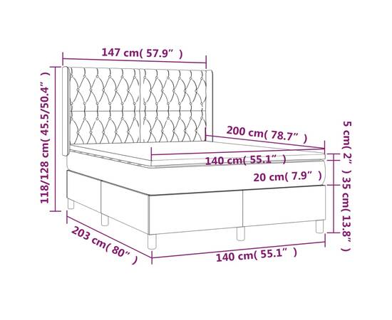 Pat box spring cu saltea, gri închis, 140x200 cm, textil, 7 image