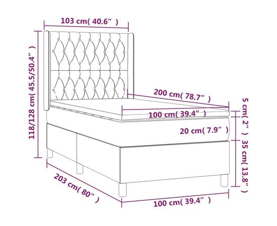 Pat box spring cu saltea, gri deschis, 100x200 cm, textil, 7 image